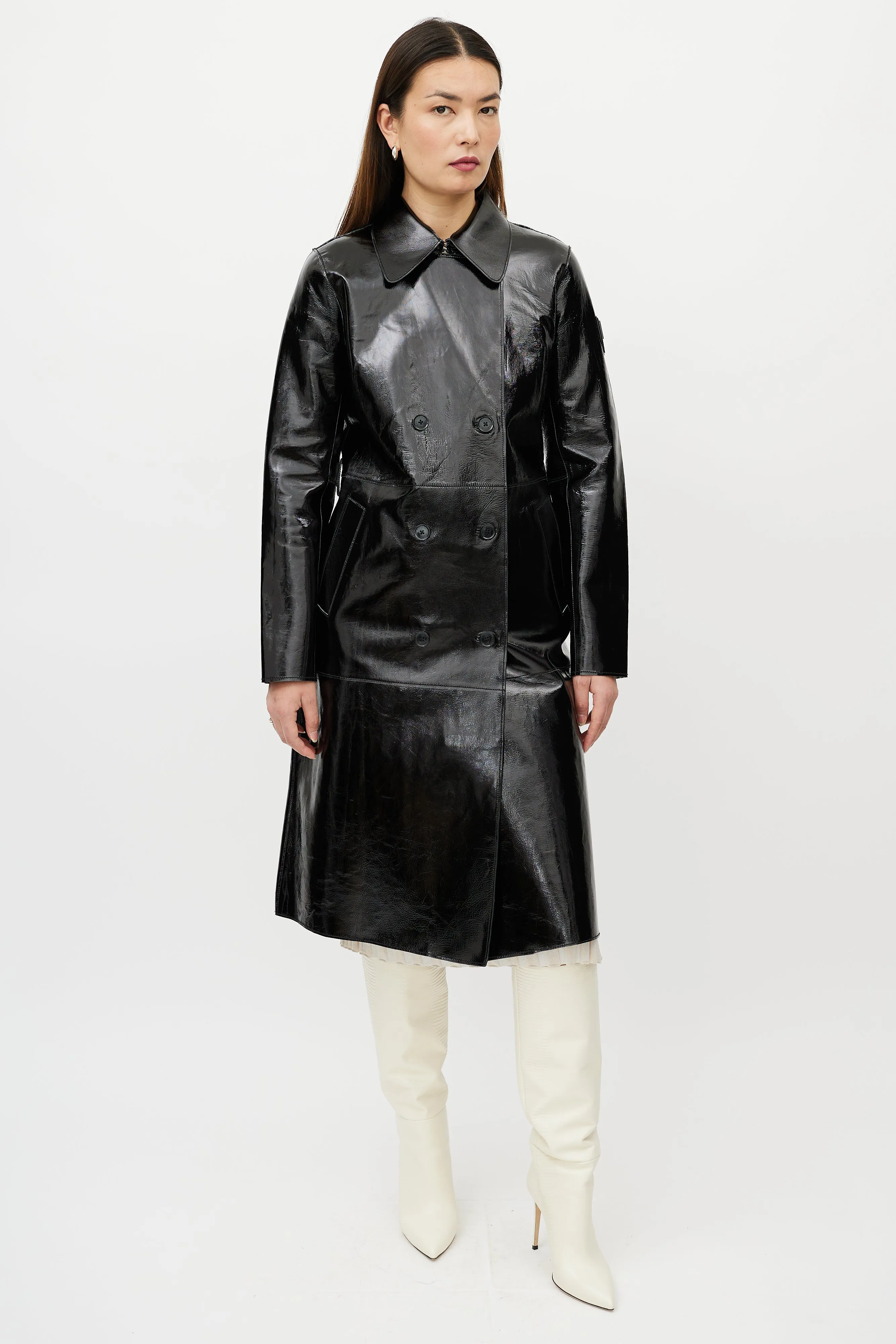 Black Patent Leather Double Breasted Trench Coat