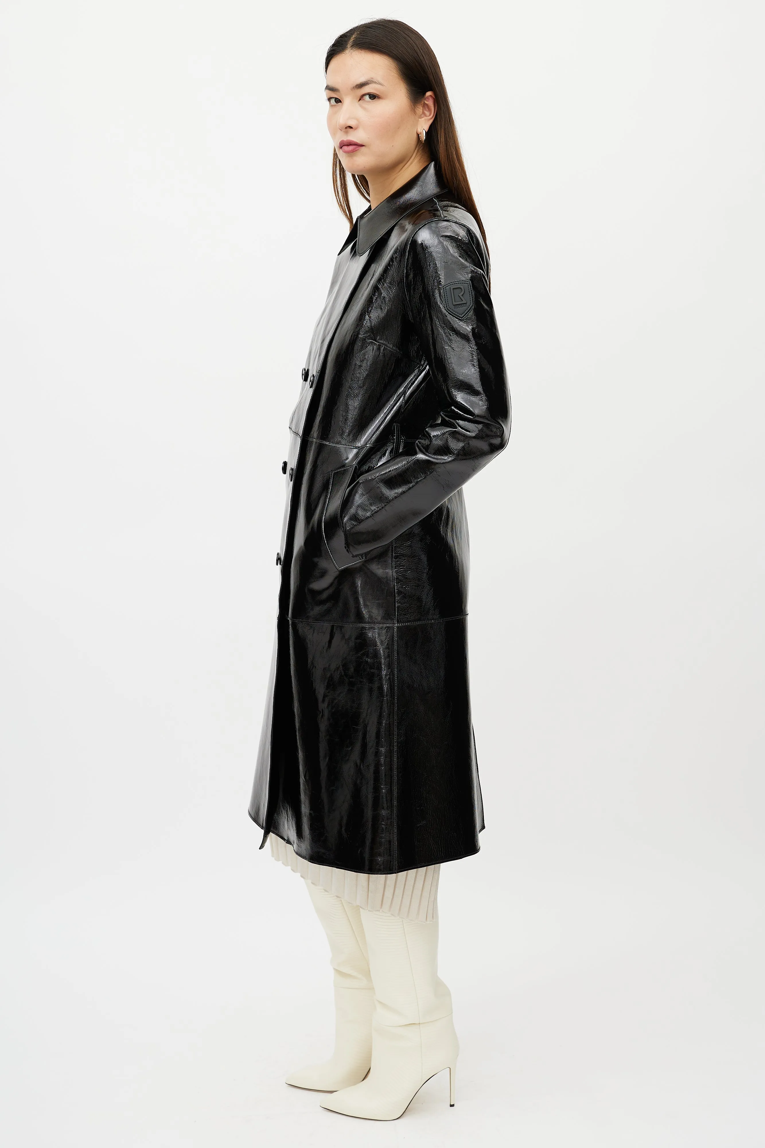 Black Patent Leather Double Breasted Trench Coat