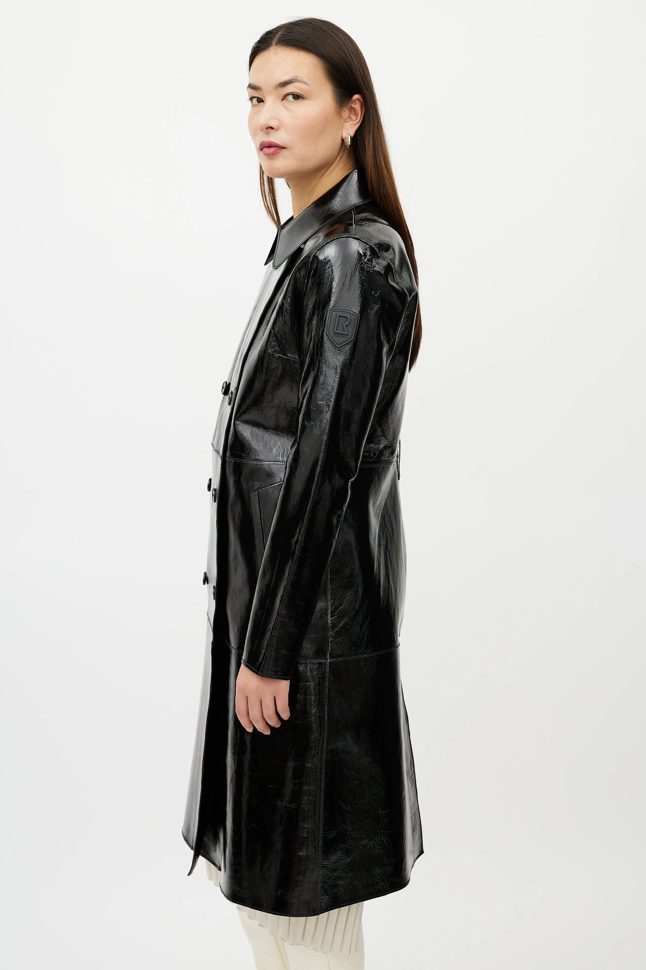 Black Patent Leather Double Breasted Trench Coat