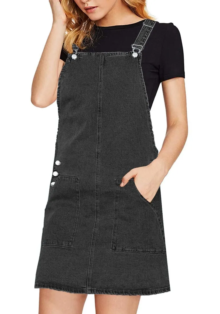 Black Side Pockets Overall Denim Pinafore Dress