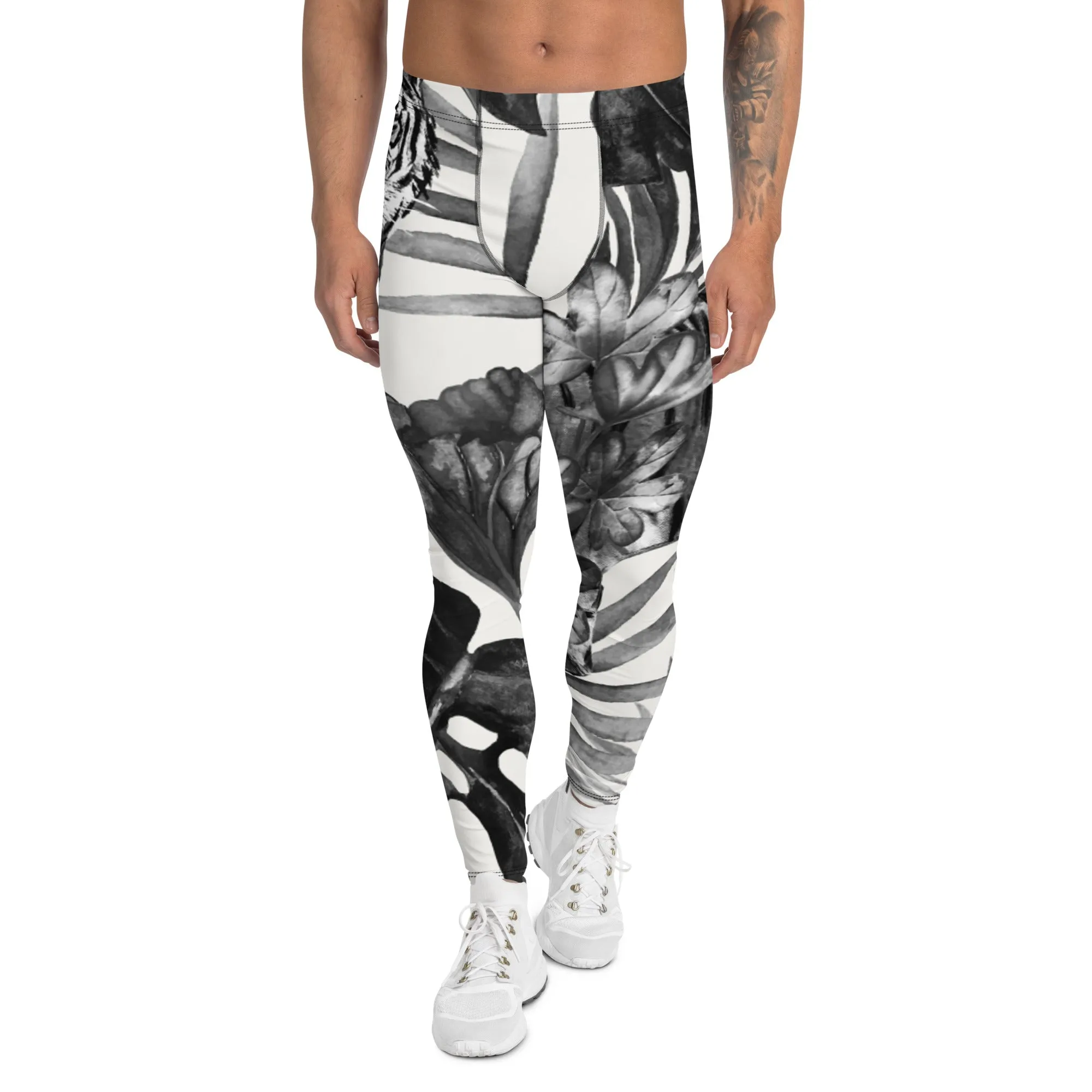 Black Tiger Pattern Men's Leggings, Animal Print Designer Colorful Meggings - Made in USA/EU/MX