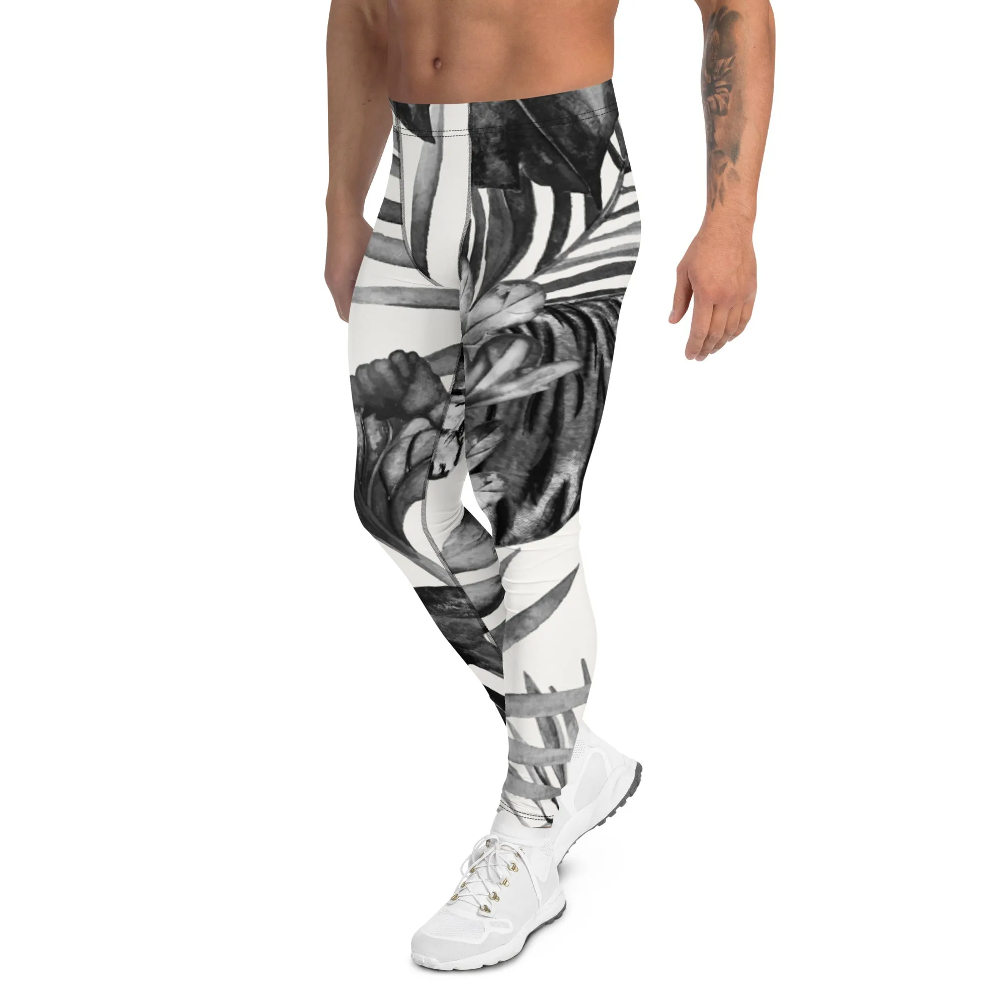 Black Tiger Pattern Men's Leggings, Animal Print Designer Colorful Meggings - Made in USA/EU/MX