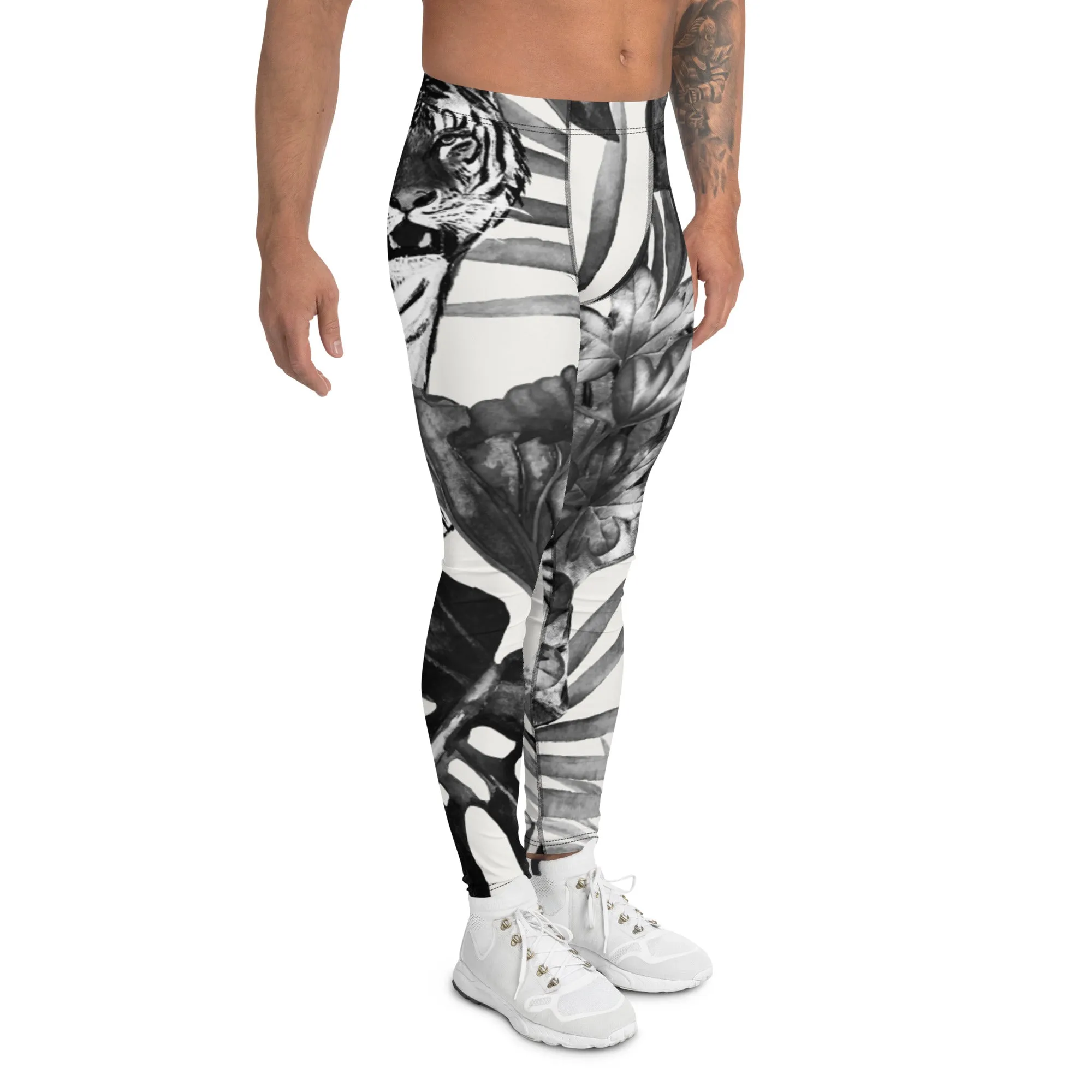 Black Tiger Pattern Men's Leggings, Animal Print Designer Colorful Meggings - Made in USA/EU/MX