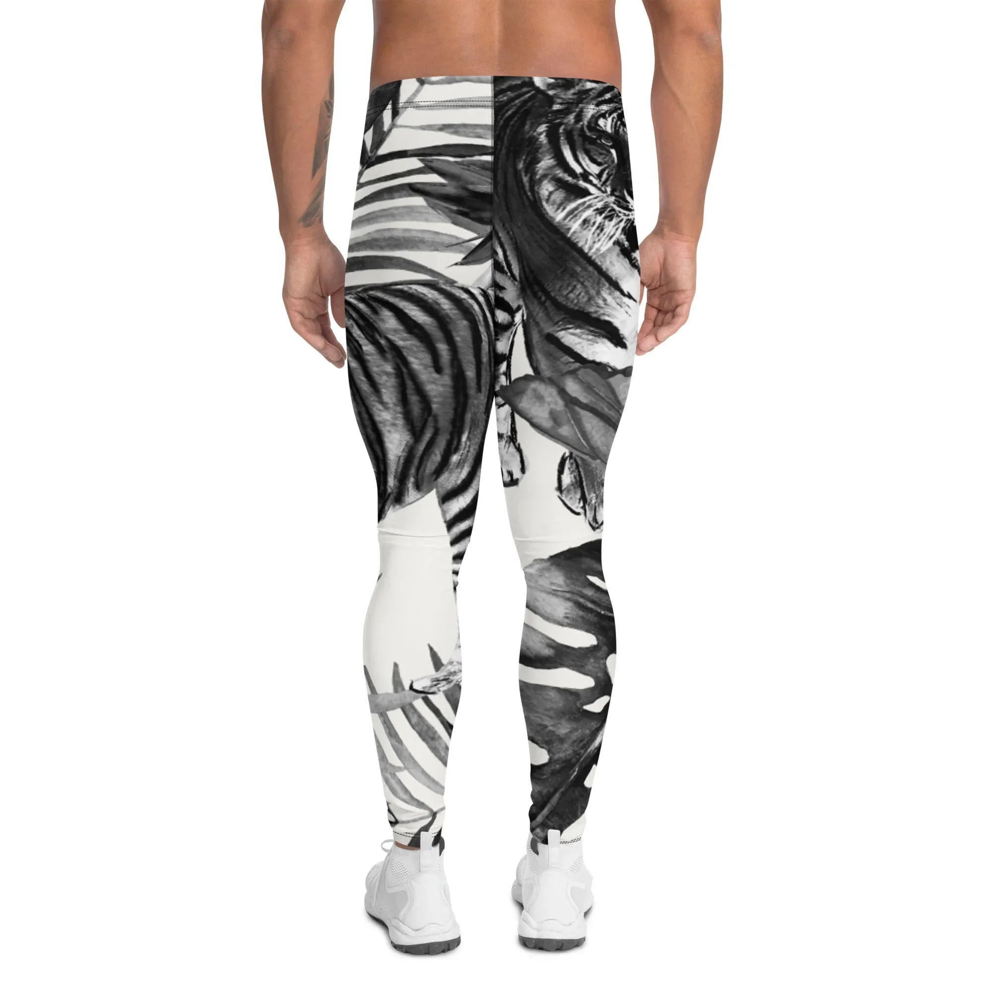 Black Tiger Pattern Men's Leggings, Animal Print Designer Colorful Meggings - Made in USA/EU/MX