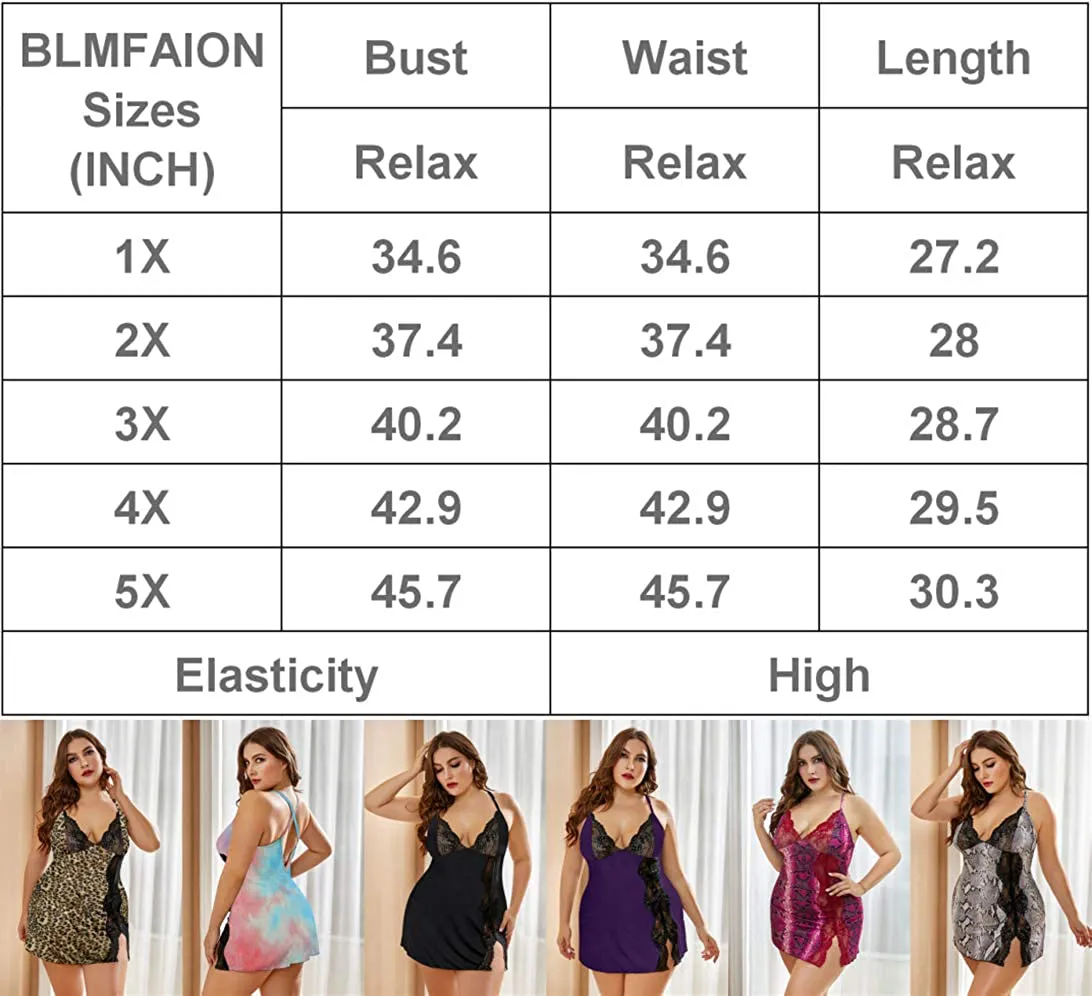 BLMFAION Sexy Plus Size Lace Mini Nightgown Satin Lingerie Dress Sets 1X-5X