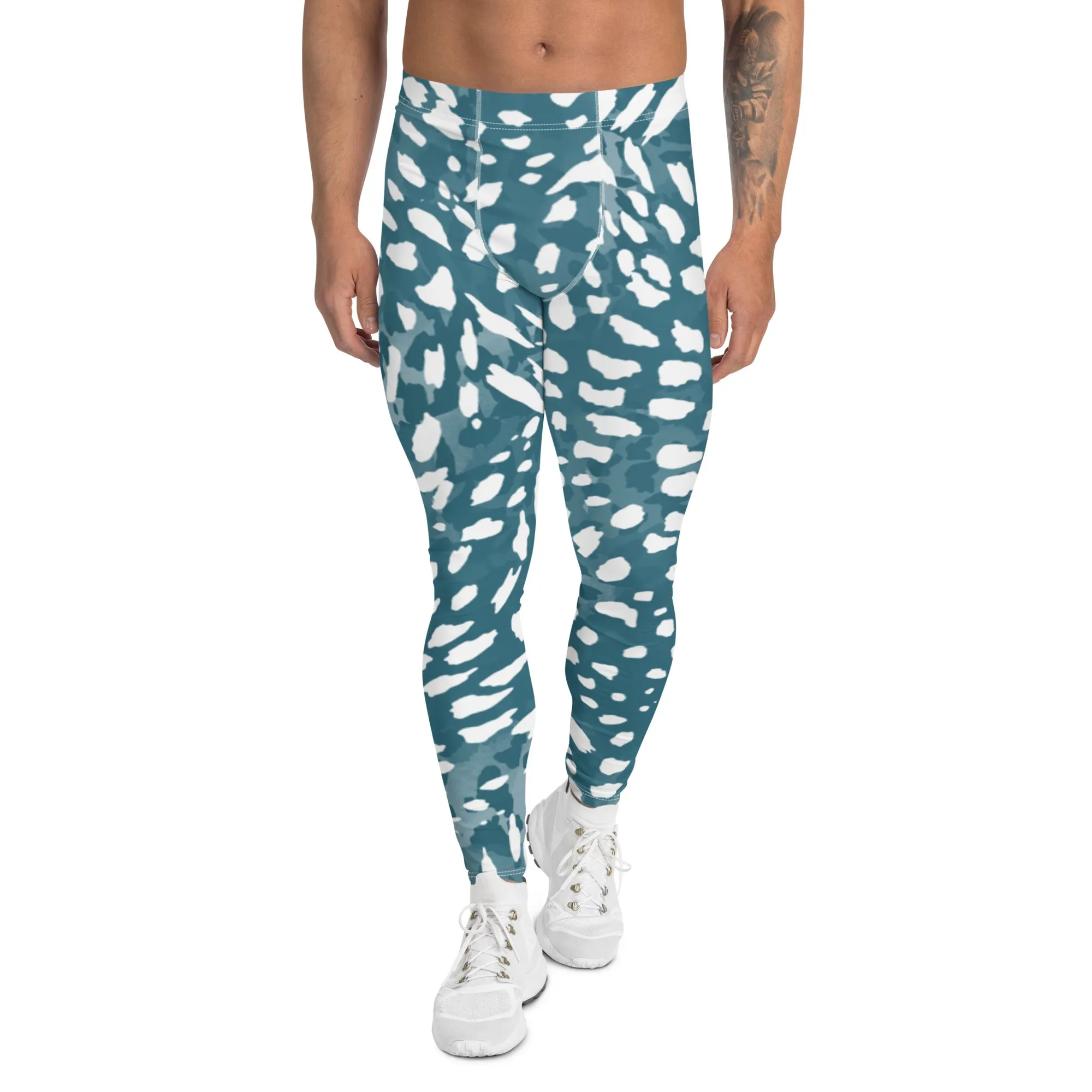 Blue Abstract Print Men's Leggings, Blue and White Abstract Printed Sexy Meggings - Made in USA/EU/MX