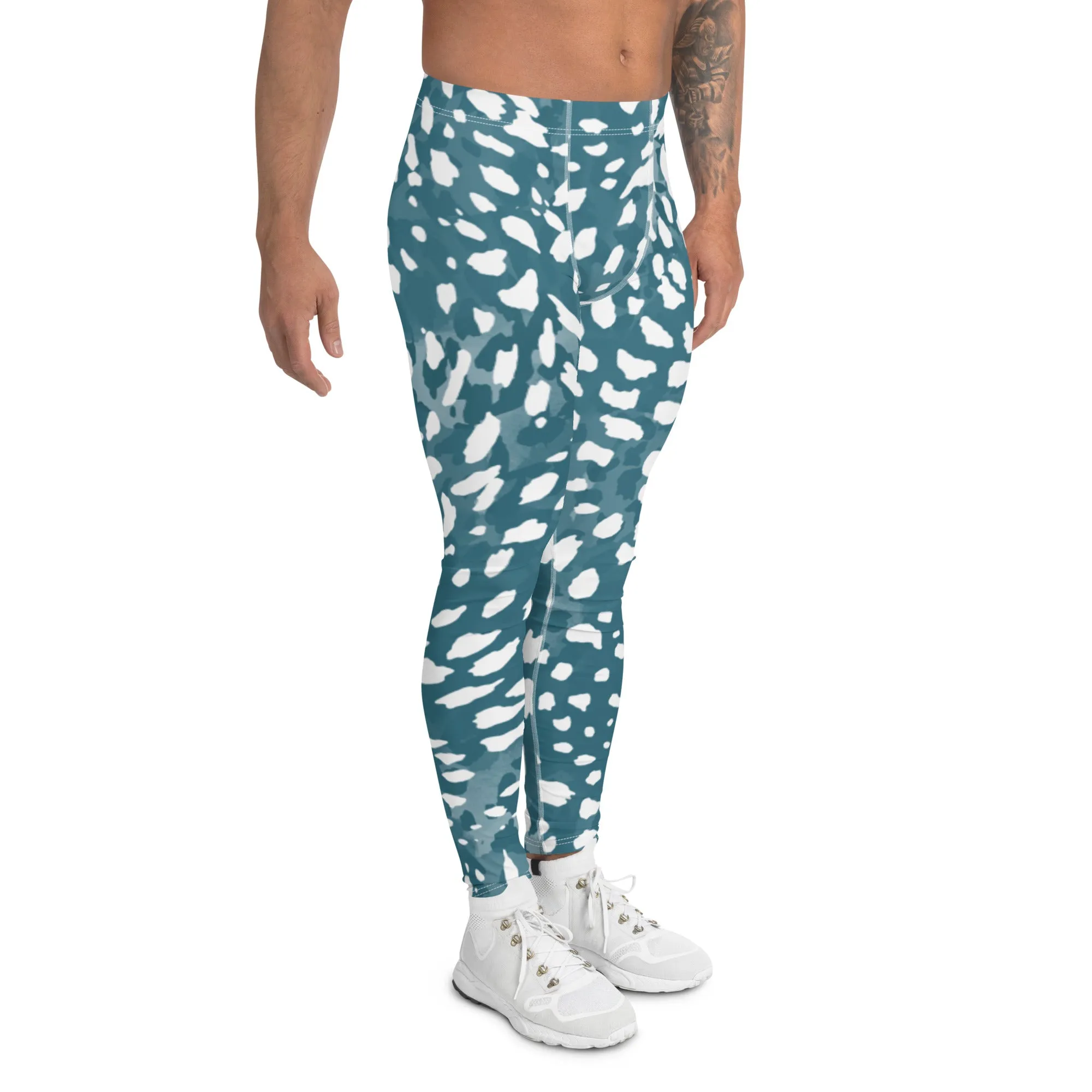 Blue Abstract Print Men's Leggings, Blue and White Abstract Printed Sexy Meggings - Made in USA/EU/MX