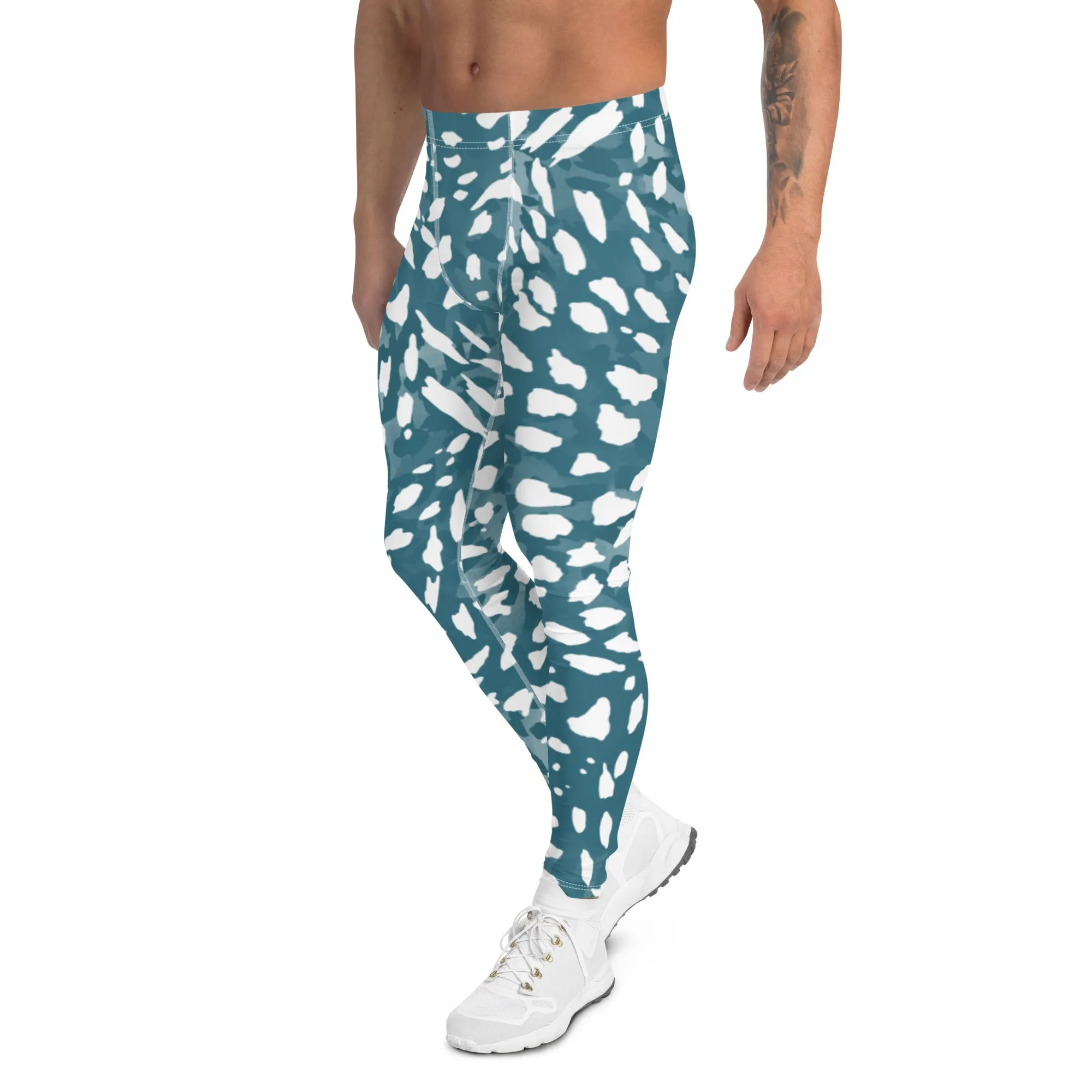 Blue Abstract Print Men's Leggings, Blue and White Abstract Printed Sexy Meggings - Made in USA/EU/MX