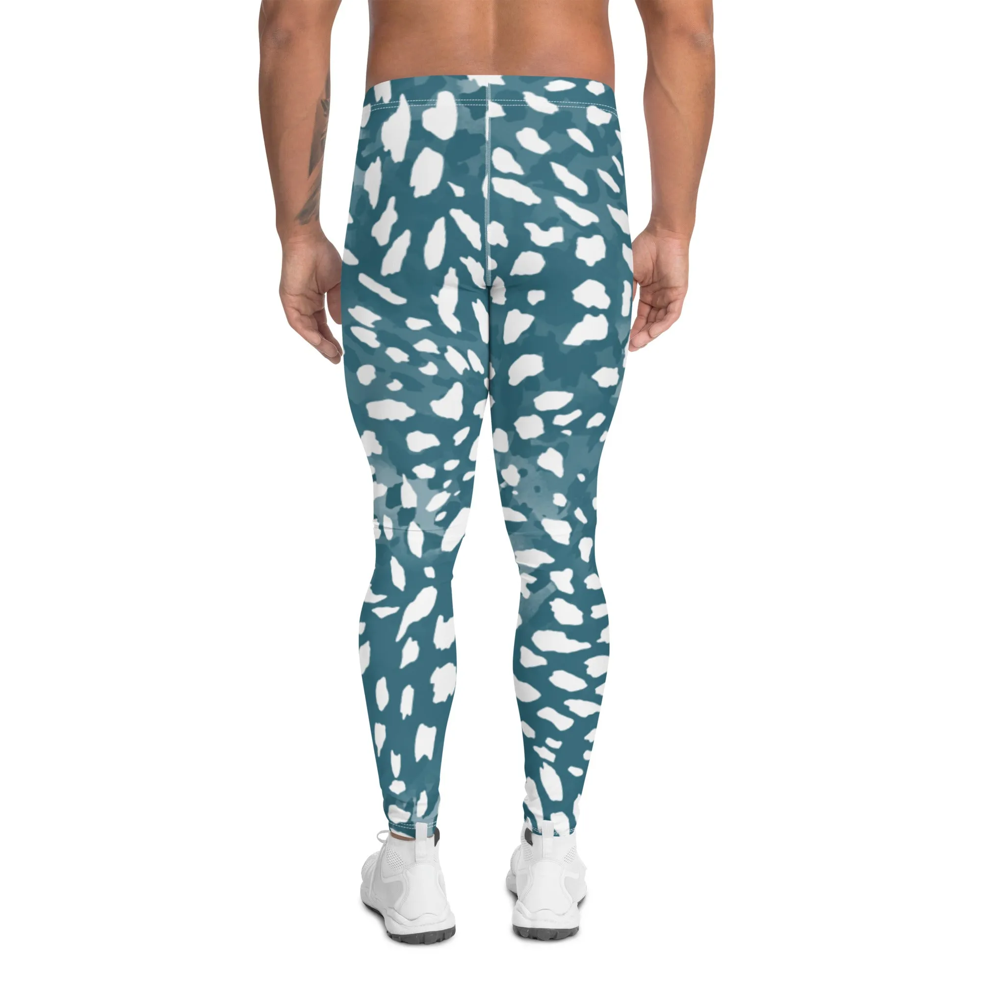 Blue Abstract Print Men's Leggings, Blue and White Abstract Printed Sexy Meggings - Made in USA/EU/MX