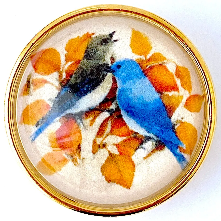 Blue Birds 1-1/2" Artisan Crystal Button, Gold Bezel, by Susan Clarke