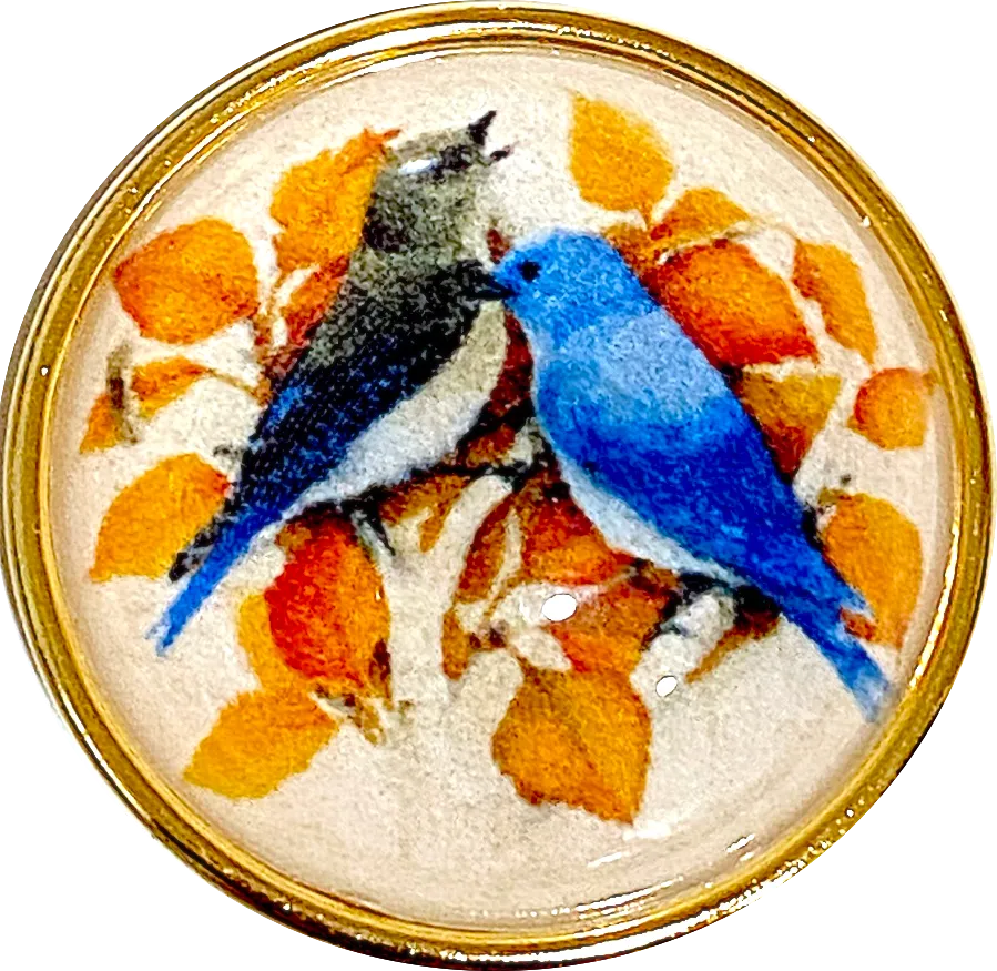 Blue Birds 1-1/2" Artisan Crystal Button, Gold Bezel, by Susan Clarke