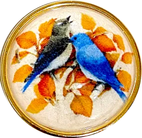 Blue Birds 1-1/2" Artisan Crystal Button, Gold Bezel, by Susan Clarke