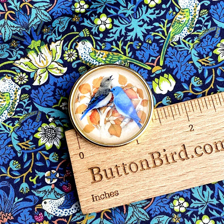 Blue Birds 1-1/2" Artisan Crystal Button, Gold Bezel, by Susan Clarke