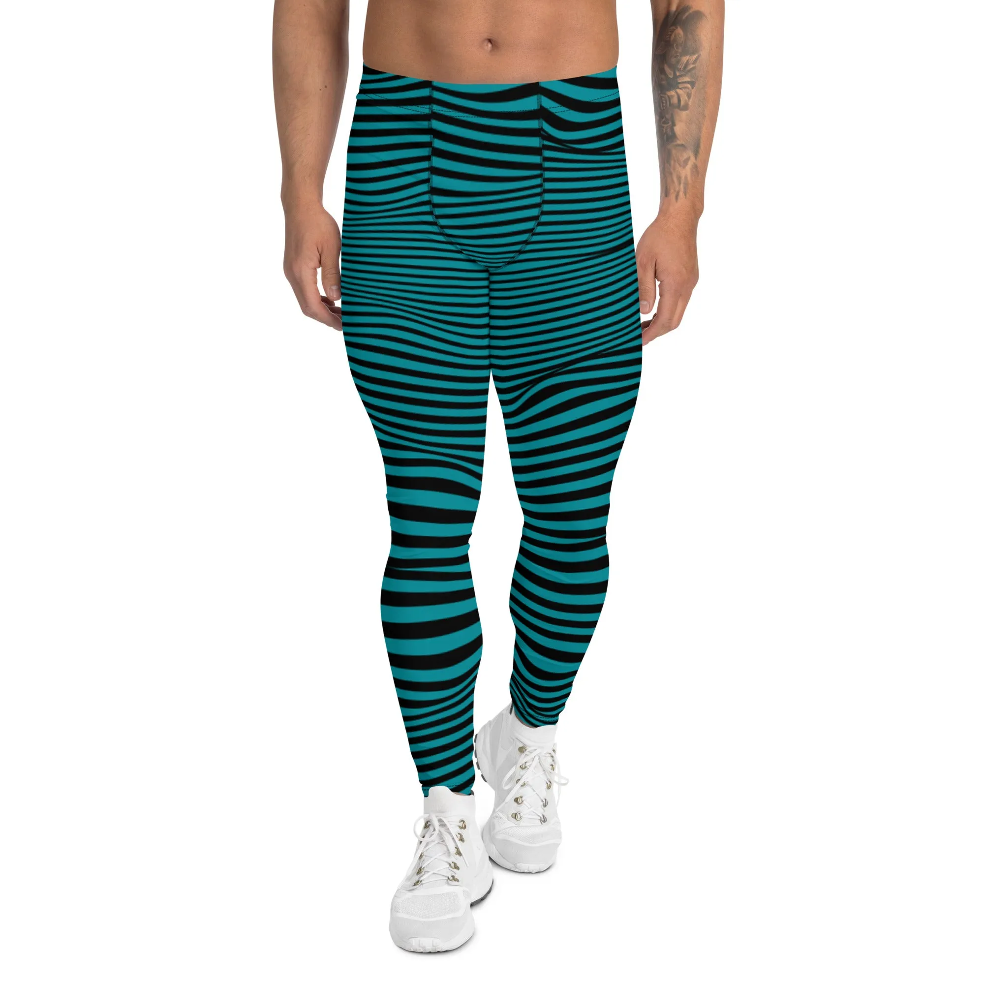 Blue Black Wavy Men's Leggings, Premium Fun Men's Running Tights For Wavy Lovers-Made in USA/EU/MX