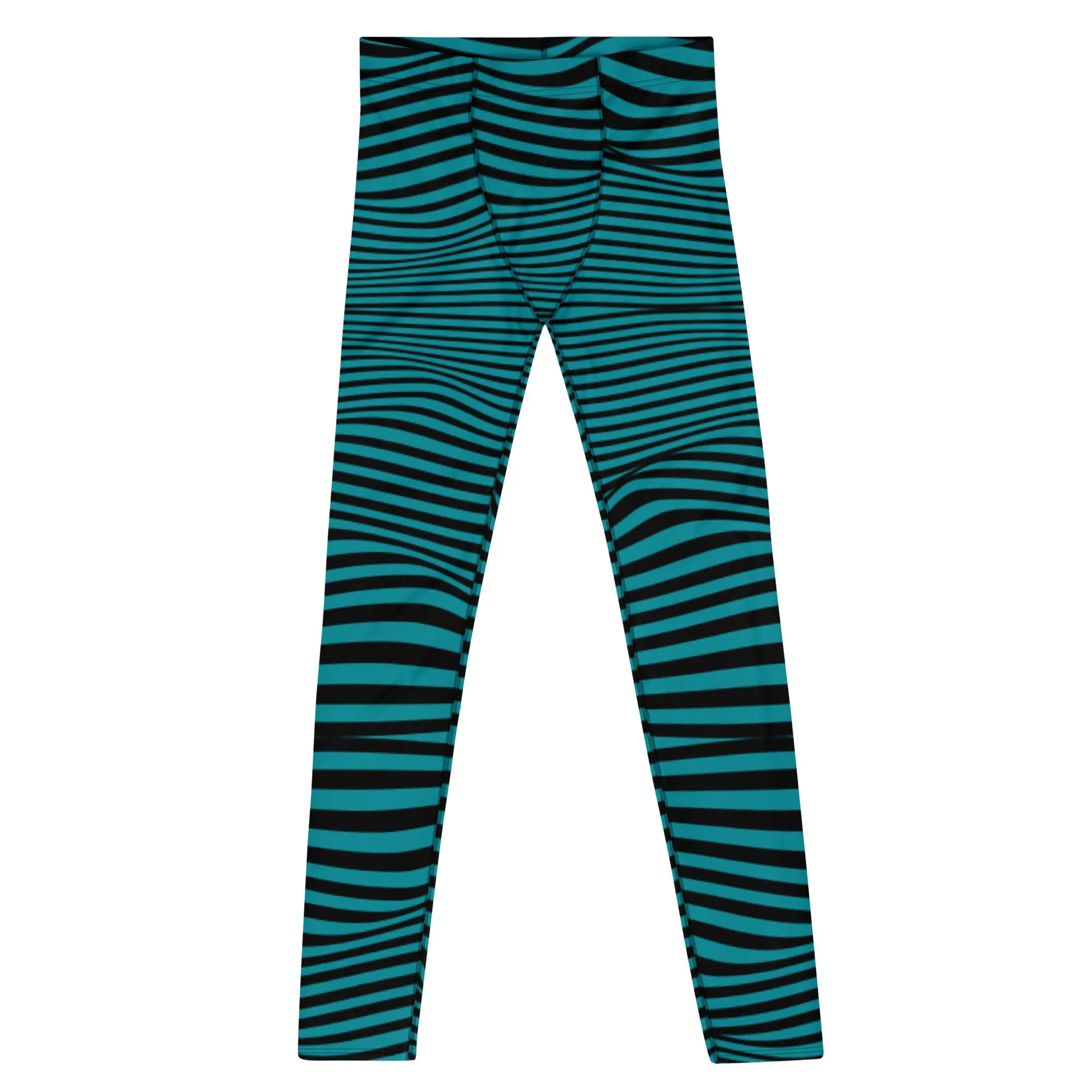 Blue Black Wavy Men's Leggings, Premium Fun Men's Running Tights For Wavy Lovers-Made in USA/EU/MX