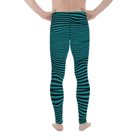 Blue Black Wavy Men's Leggings, Premium Fun Men's Running Tights For Wavy Lovers-Made in USA/EU/MX