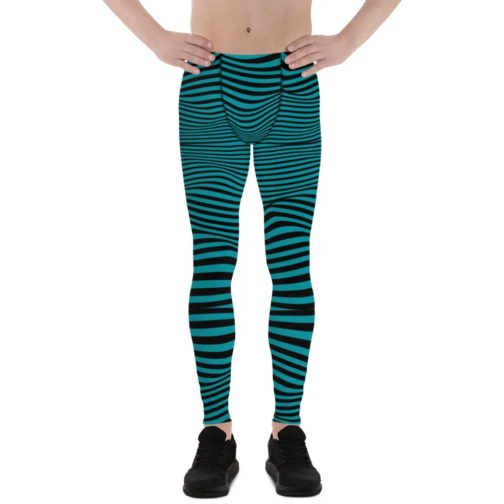 Blue Black Wavy Men's Leggings, Premium Fun Men's Running Tights For Wavy Lovers-Made in USA/EU/MX