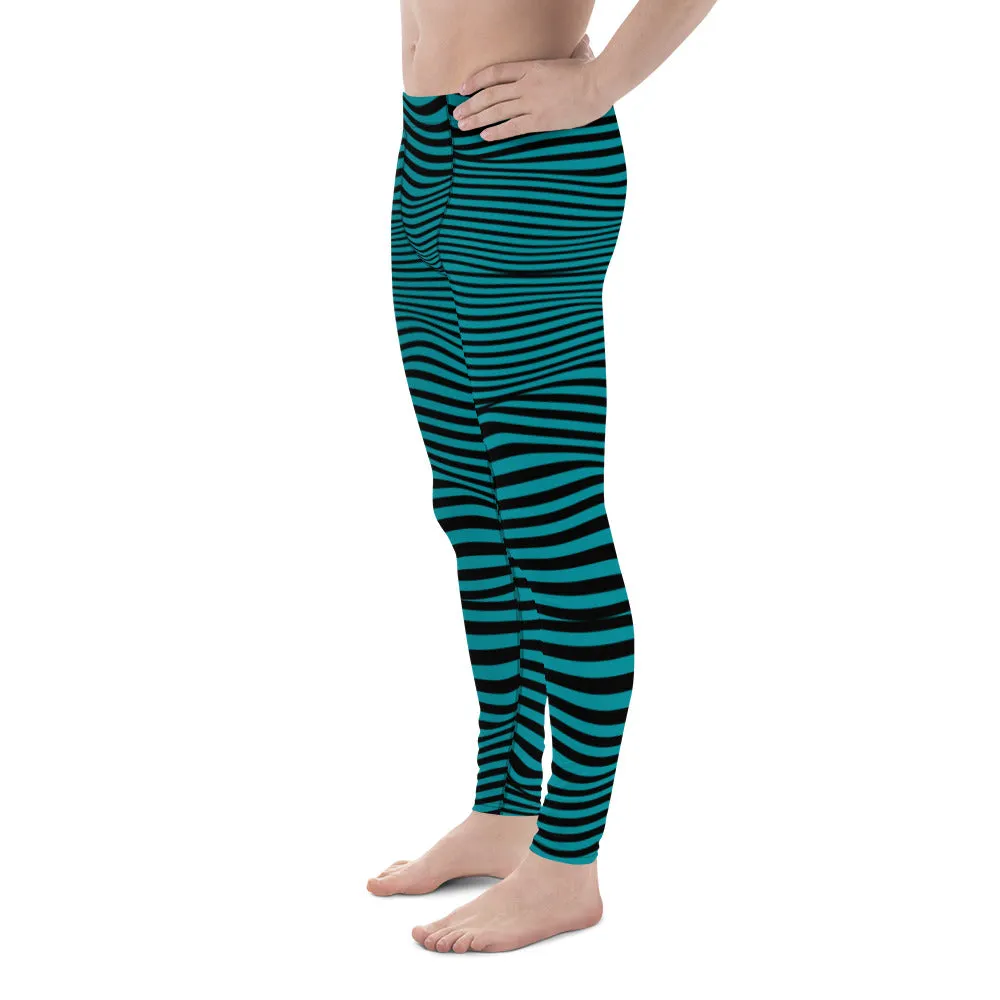 Blue Black Wavy Men's Leggings, Premium Fun Men's Running Tights For Wavy Lovers-Made in USA/EU/MX