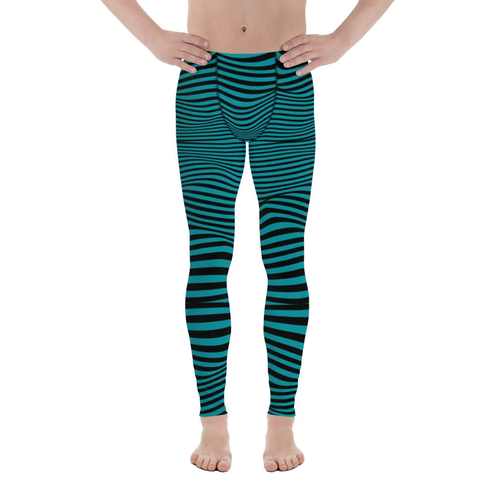 Blue Black Wavy Men's Leggings, Premium Fun Men's Running Tights For Wavy Lovers-Made in USA/EU/MX