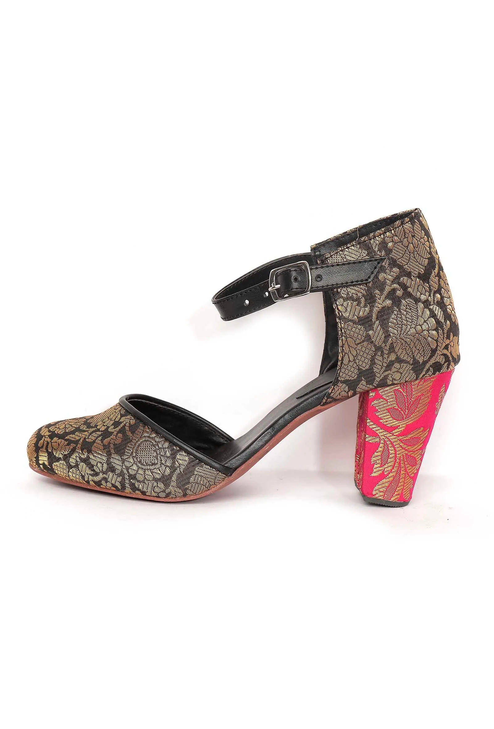 Blue Brocade with Pink Brocade Block Heels