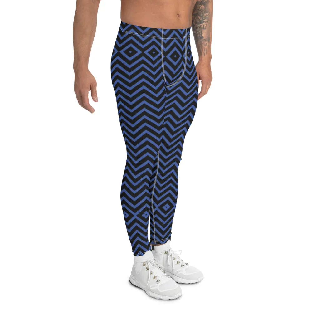 Blue Chevron Best Men's Leggings, Retro Style Meggings Compression Tights For Men - Made in USA/EU/MX