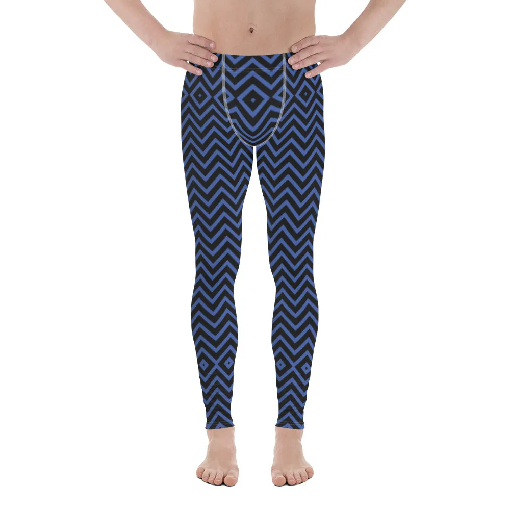 Blue Chevron Best Men's Leggings, Retro Style Meggings Compression Tights For Men - Made in USA/EU/MX