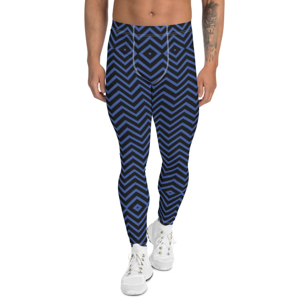 Blue Chevron Best Men's Leggings, Retro Style Meggings Compression Tights For Men - Made in USA/EU/MX