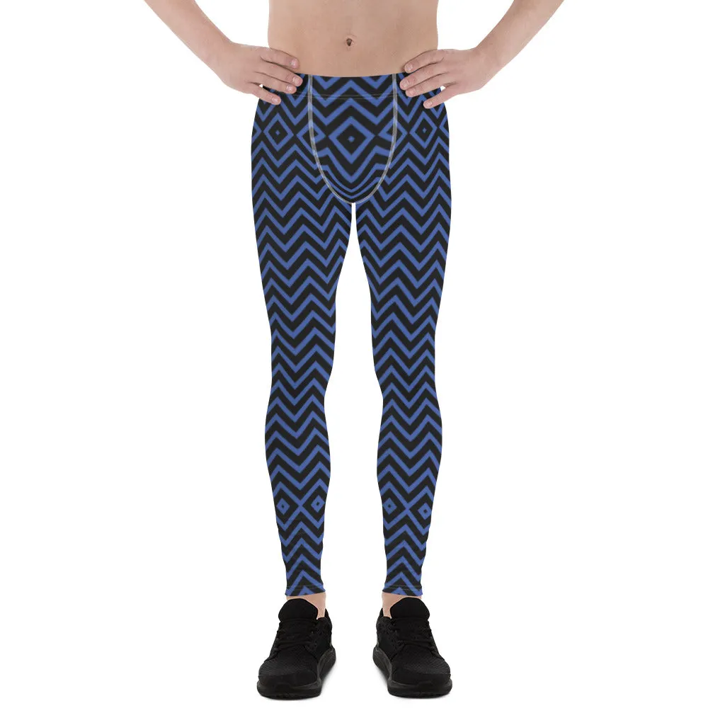 Blue Chevron Best Men's Leggings, Retro Style Meggings Compression Tights For Men - Made in USA/EU/MX