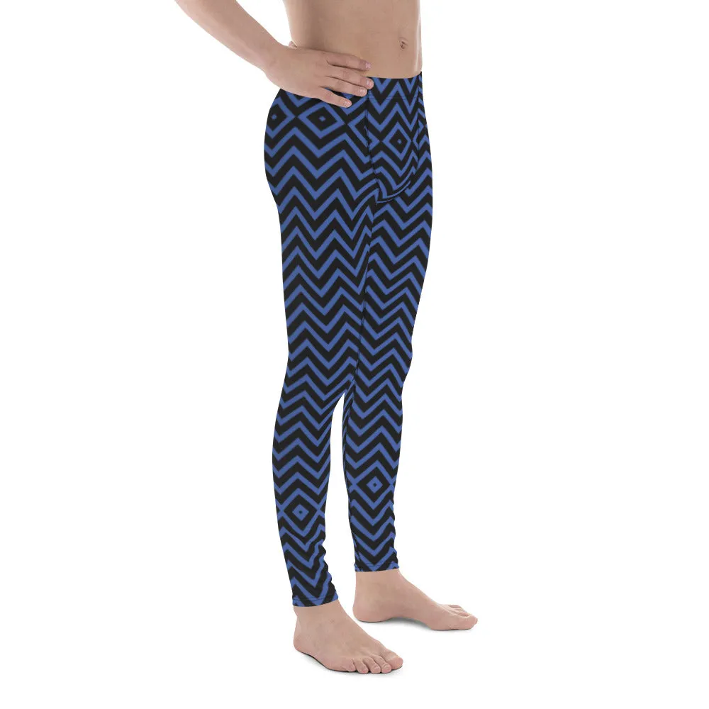 Blue Chevron Men's Leggings, Retro Style Meggings Compression Tights For Men - Made in USA/EU/MX