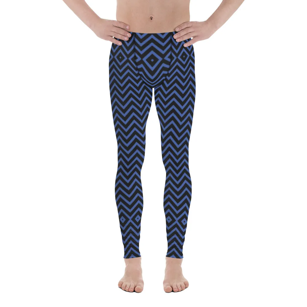 Blue Chevron Men's Leggings, Retro Style Meggings Compression Tights For Men - Made in USA/EU/MX