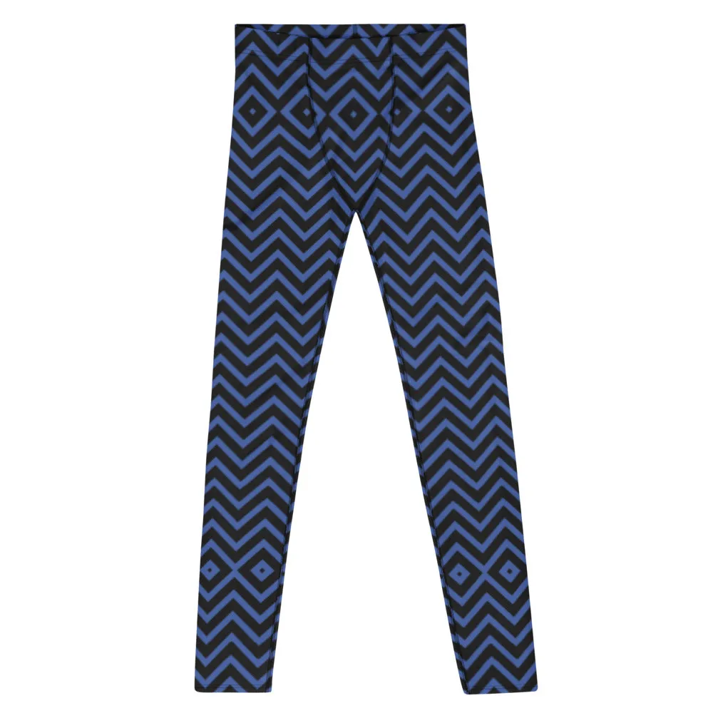 Blue Chevron Men's Leggings, Retro Style Meggings Compression Tights For Men - Made in USA/EU/MX