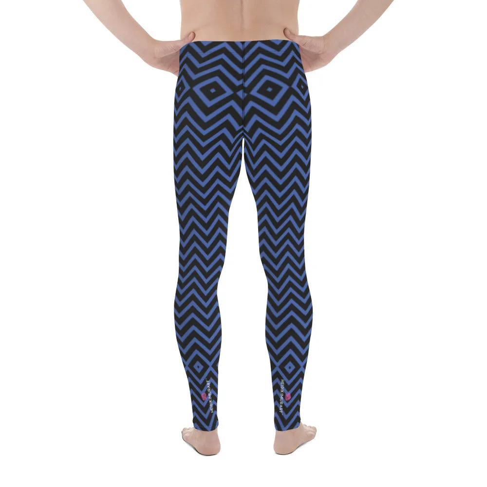 Blue Chevron Men's Leggings, Retro Style Meggings Compression Tights For Men - Made in USA/EU/MX