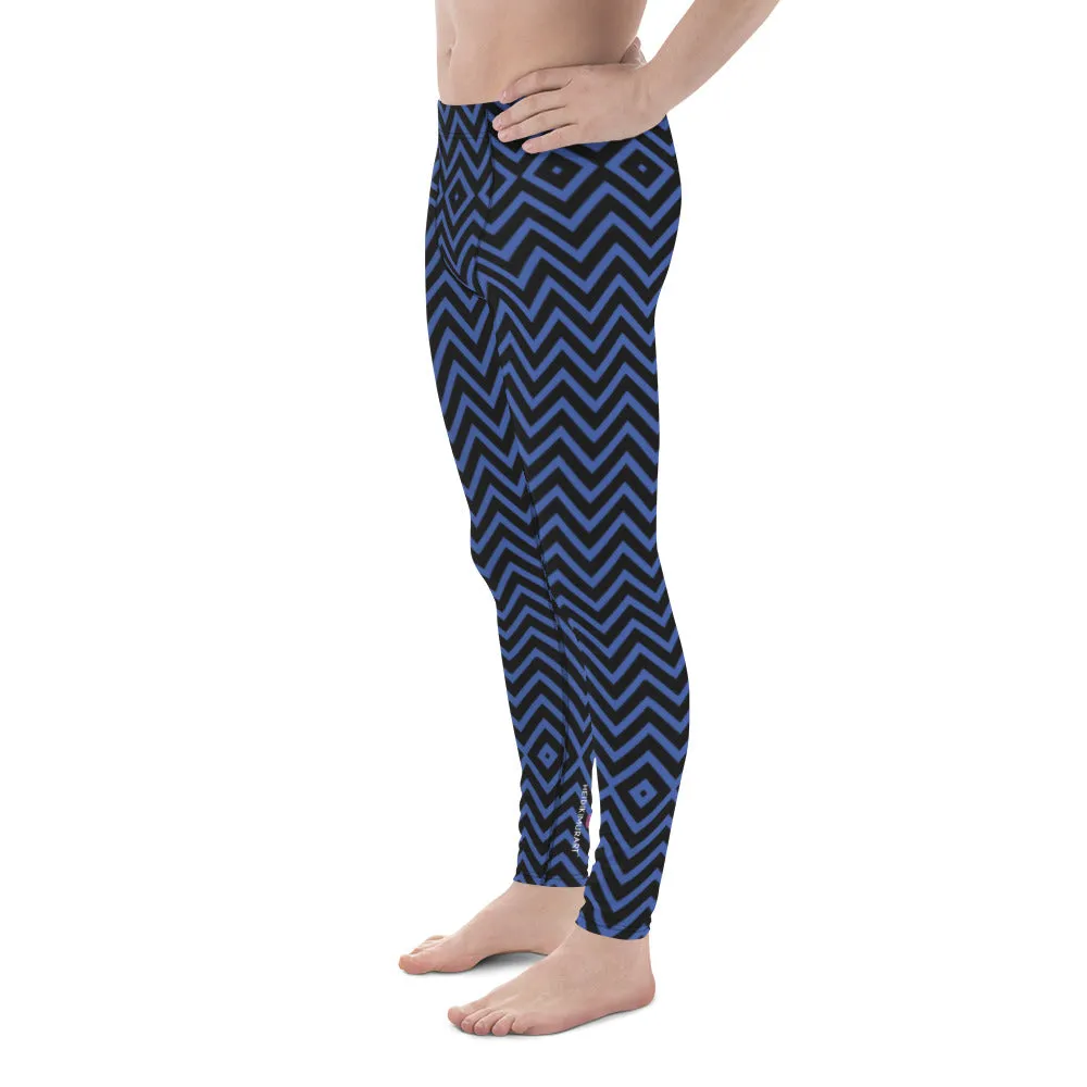 Blue Chevron Men's Leggings, Retro Style Meggings Compression Tights For Men - Made in USA/EU/MX