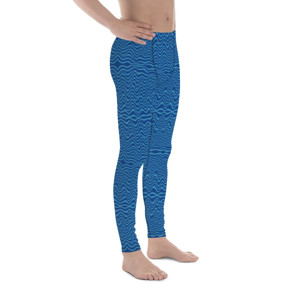 Blue Curvy Designer Men's Leggings, Great Wave Pattern Yoga Leggings-Made In USA/EU/MX