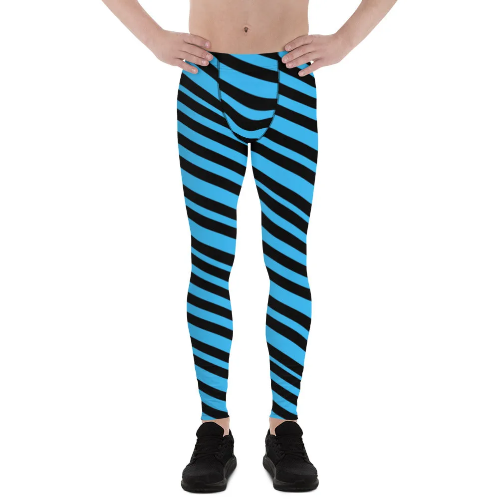 Blue Diagonal Striped Men's Leggings, Modern Diagonally Stripes Designer Premium Meggings-Made in USA/EU/MX