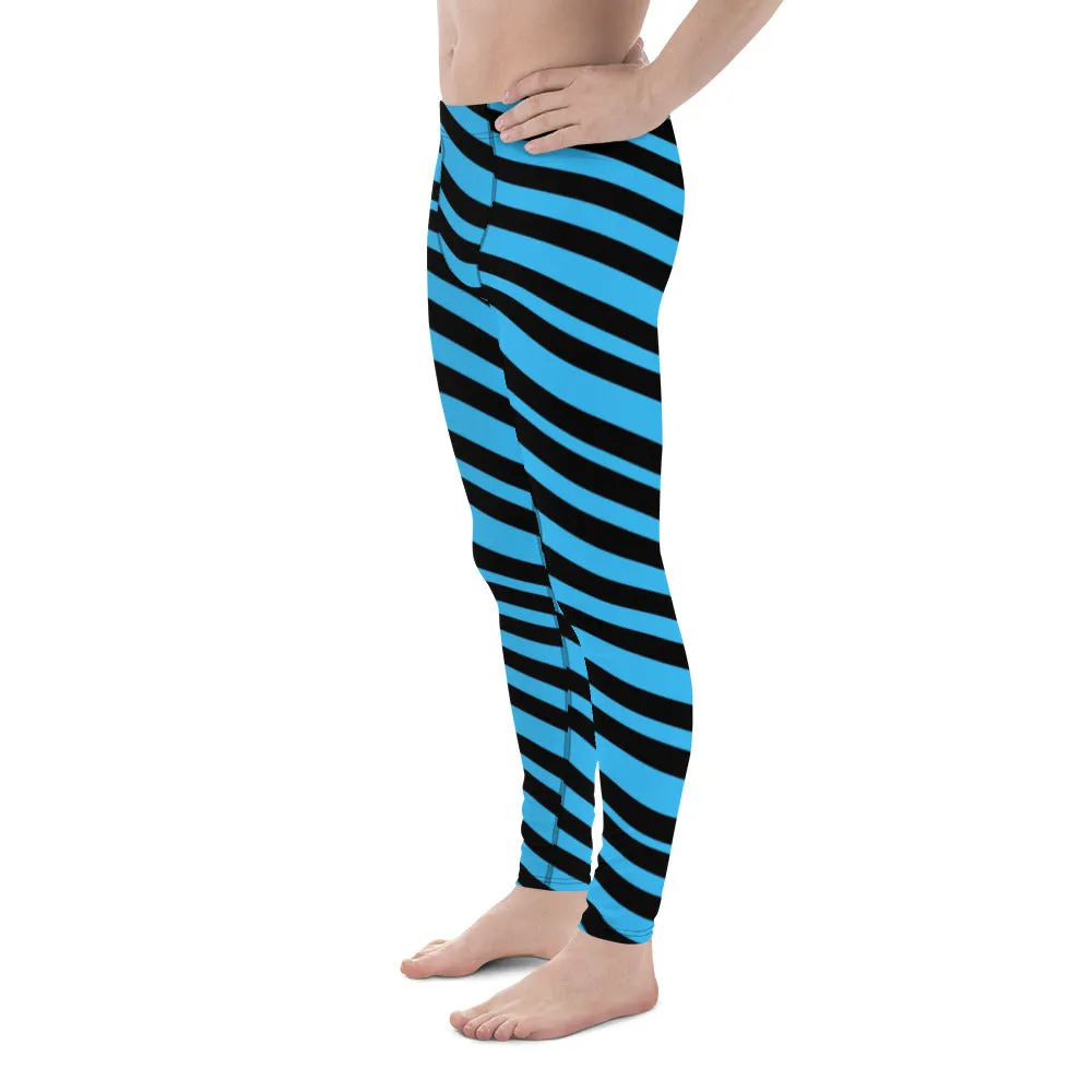 Blue Diagonal Striped Men's Leggings, Modern Diagonally Stripes Designer Premium Meggings-Made in USA/EU/MX