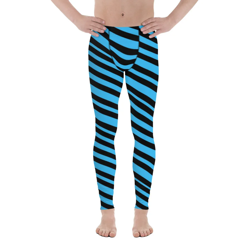 Blue Diagonal Striped Men's Leggings, Modern Diagonally Stripes Designer Premium Meggings-Made in USA/EU/MX