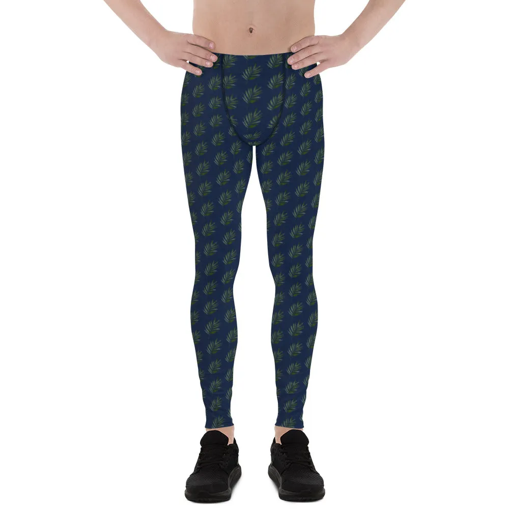 Blue Green Tropical Meggings, Tropical Palm Leaves Printed Men's Fashion Running Tights- Made in USA/EU