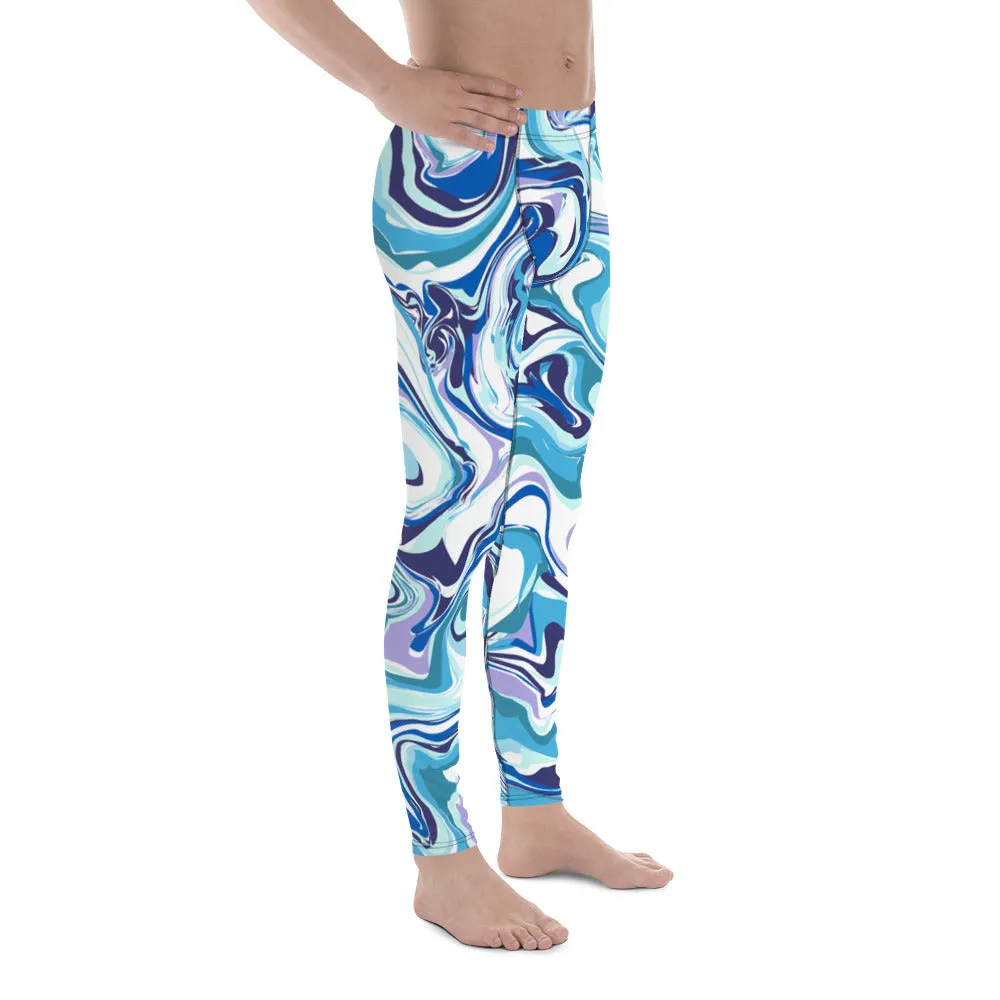 Blue Marble Meggings, Acrylic Pour Abstract Print Sexy Men's Workout Gym Run Tights