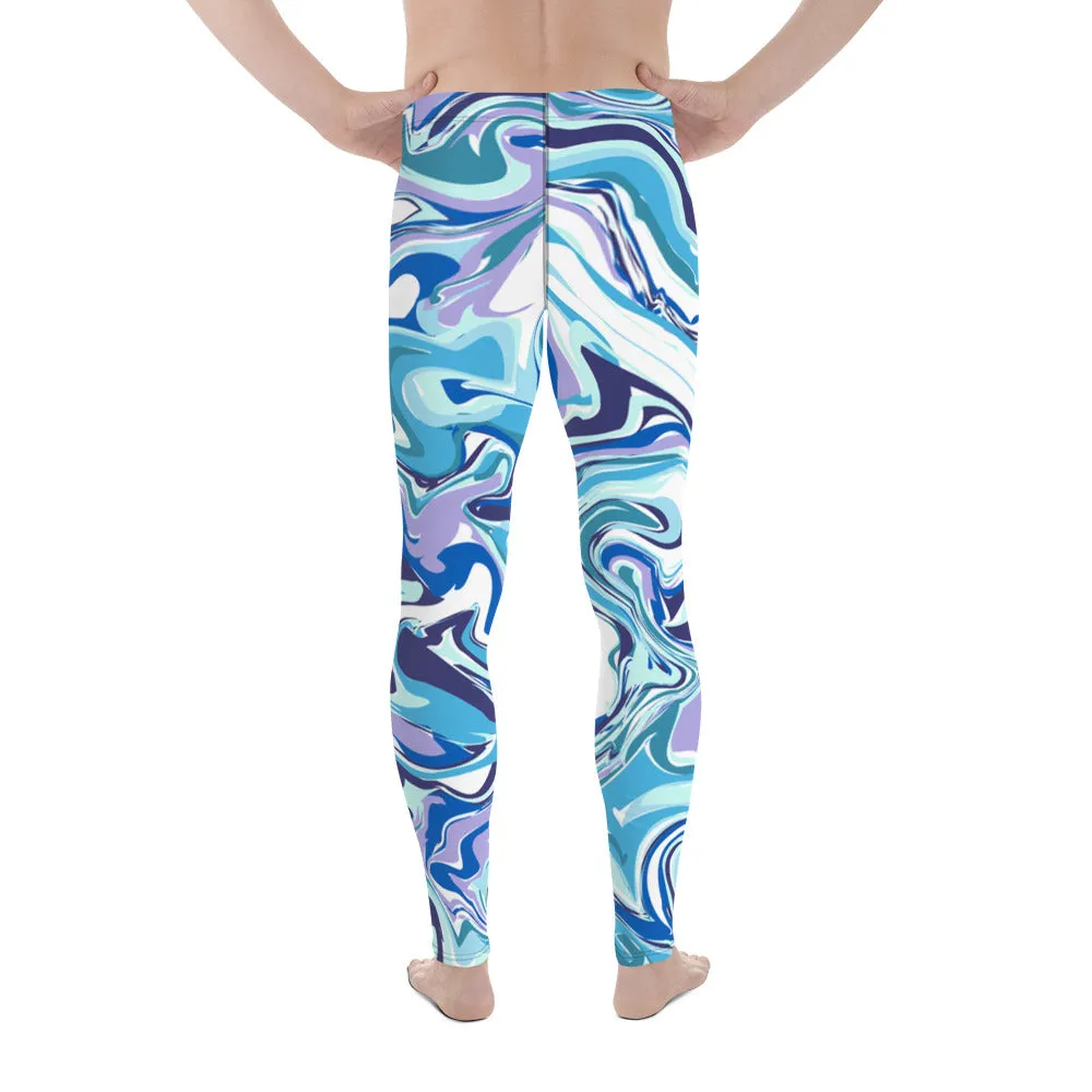 Blue Marble Meggings, Acrylic Pour Abstract Print Sexy Men's Workout Gym Run Tights