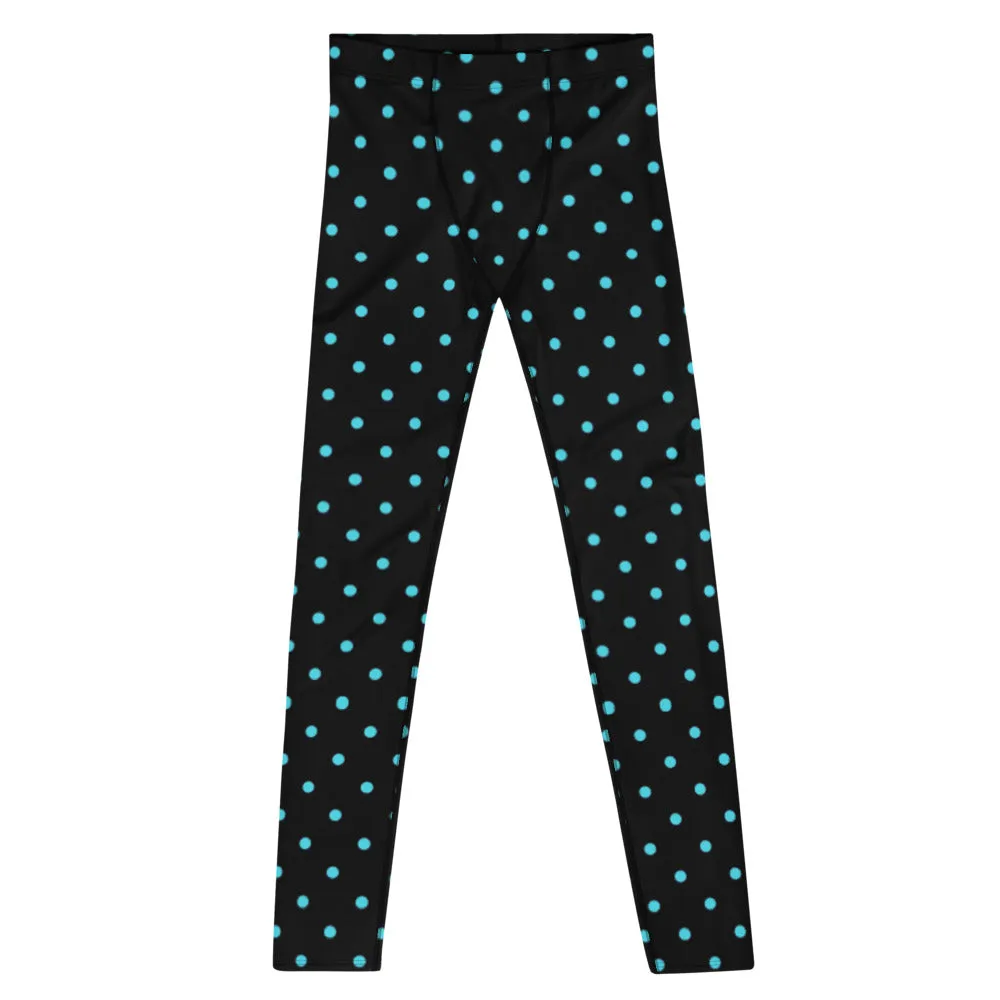 Blue Polka Dots Men's Leggings, Dotted Print Premium Quality Meggings Tights-Made in USA/EU/MX