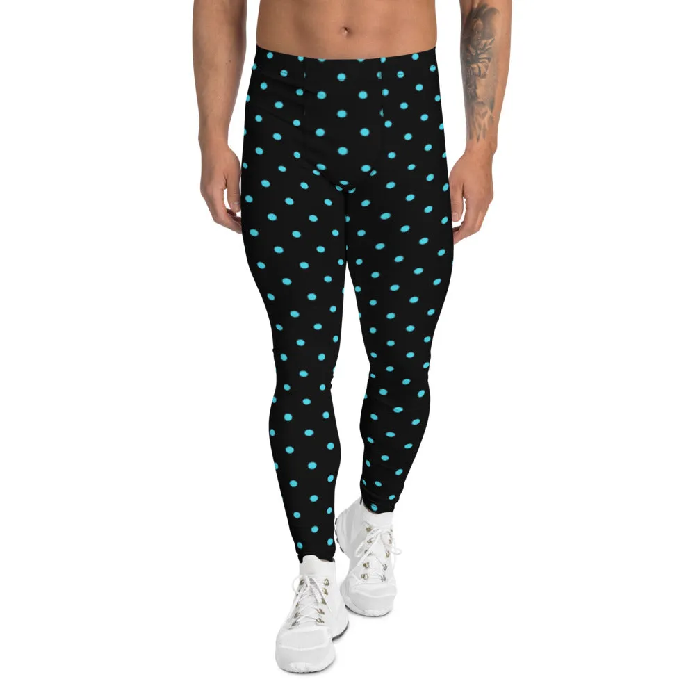 Blue Polka Dots Men's Leggings, Dotted Print Premium Quality Meggings Tights-Made in USA/EU/MX