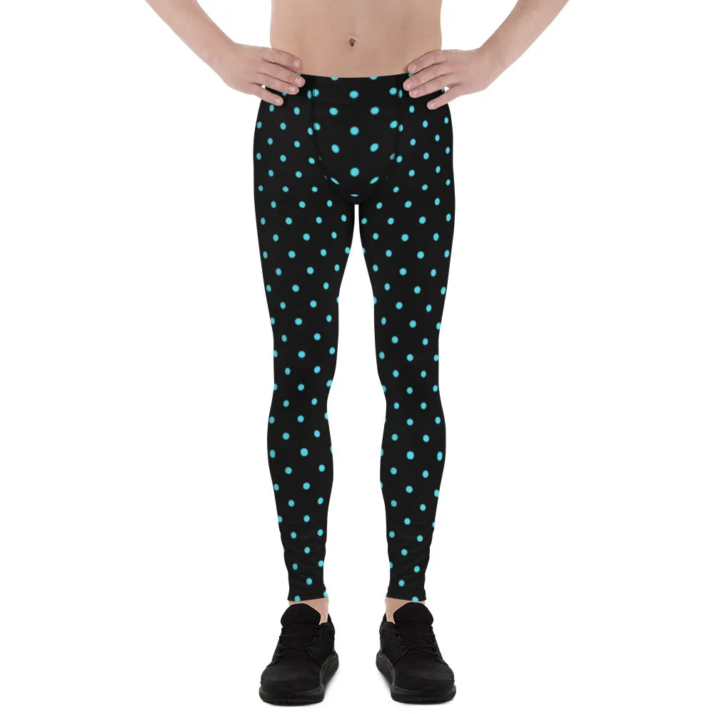 Blue Polka Dots Men's Leggings, Dotted Print Premium Quality Meggings Tights-Made in USA/EU/MX