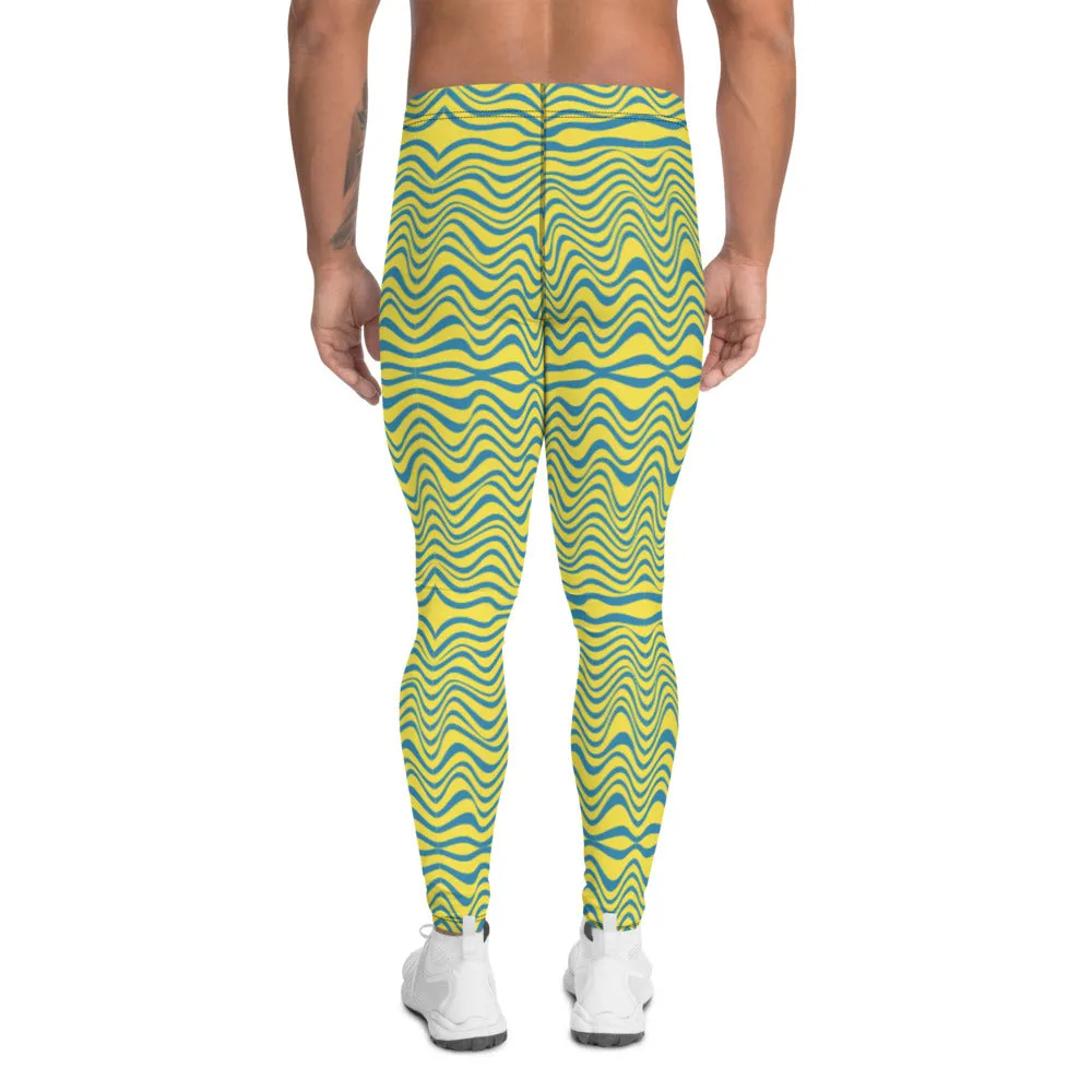 Blue Yellow Curvy Men's Leggings, Great Wave Pattern Yoga Leggings-Made In USA/EU/MX