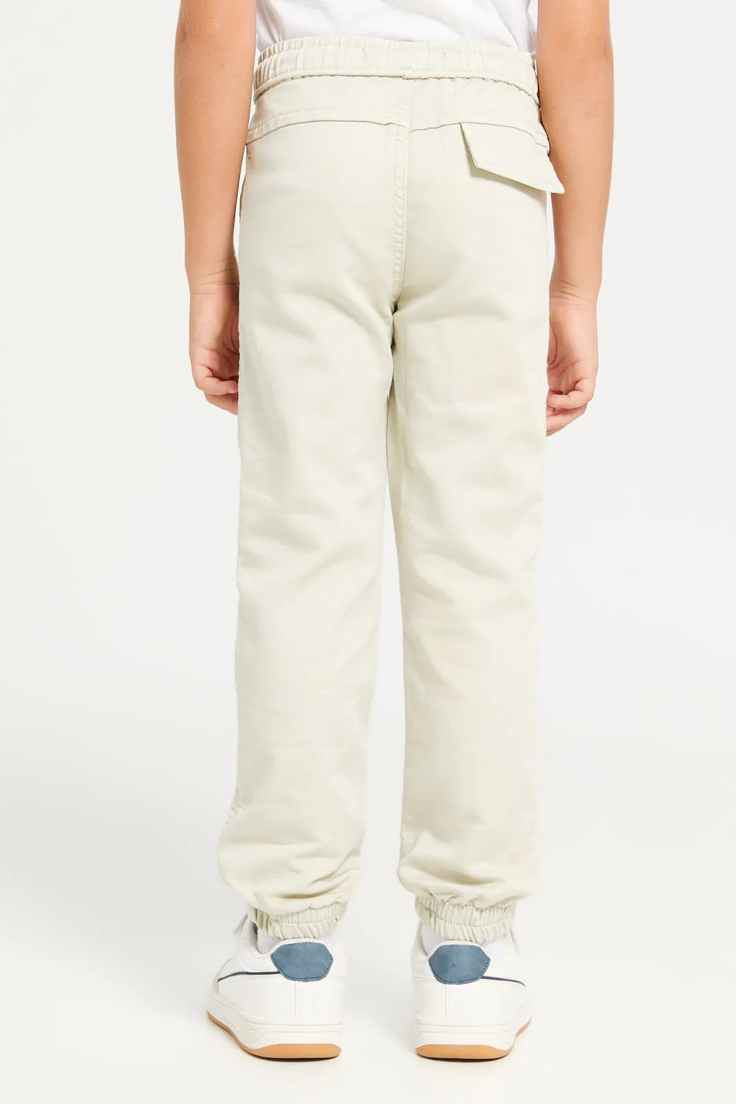 Boys Beige Plain Knitted Denim Jogger