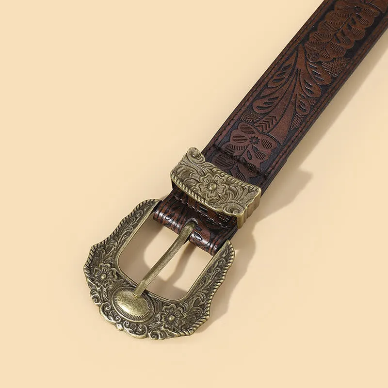 Bronze Carved Buckle Boho Floral Embossment Leather Belt