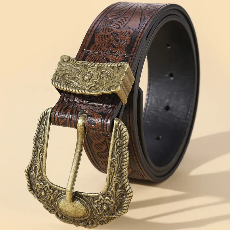 Bronze Carved Buckle Boho Floral Embossment Leather Belt