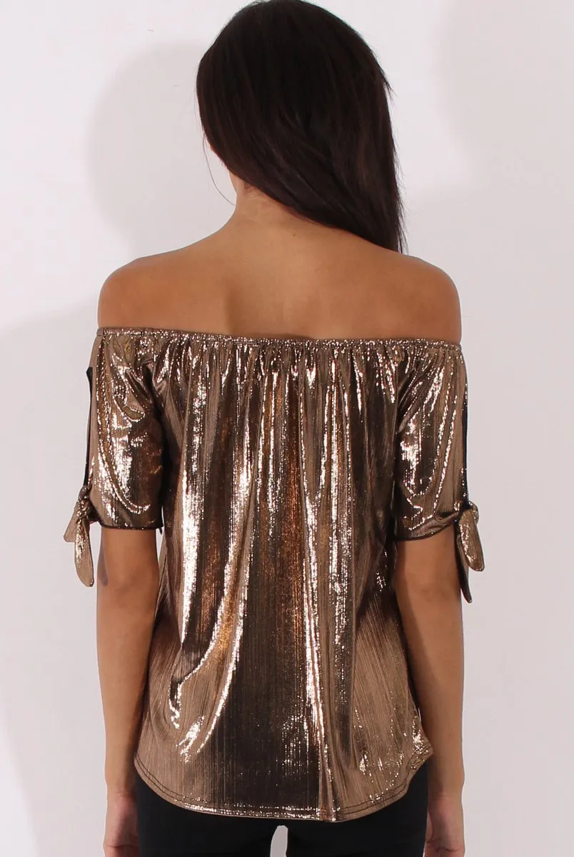 Bronze Metallic Bardot Cold Shoulder Top - Aiko