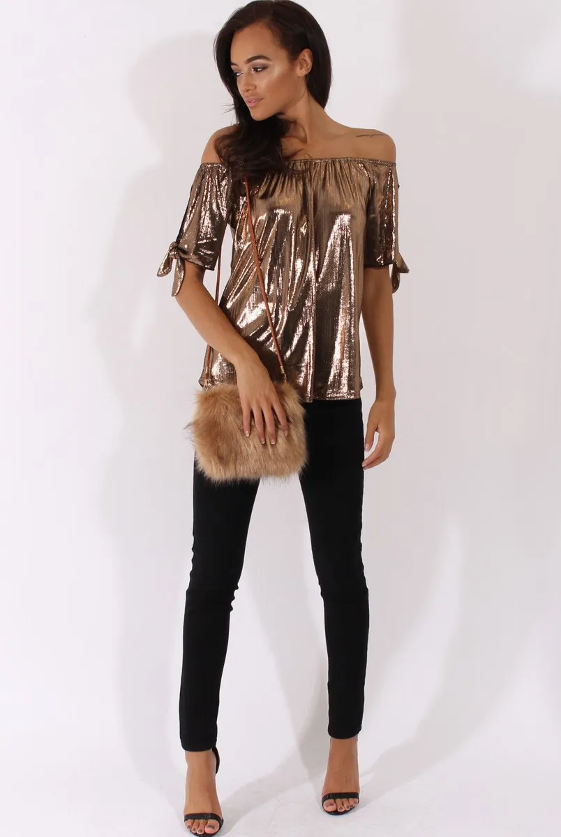 Bronze Metallic Bardot Cold Shoulder Top - Aiko