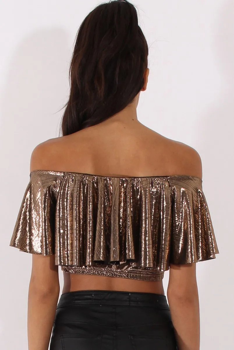 Bronze Metallic Bardot Frill Crop Top - Ariana